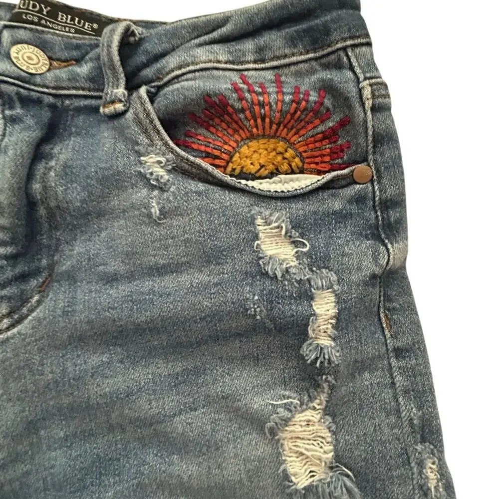 Judy Blue M High Rise Distressed Denim Shorts Sun Embroidered